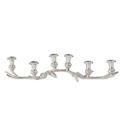 24.5-inch silver aluminum antler candle holder with six taper candle cups.