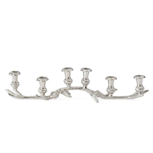 24.5-inch silver aluminum antler candle holder with six taper candle cups.