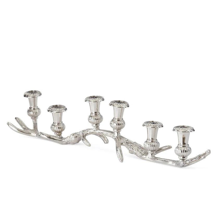 24.5-inch silver aluminum antler candle holder with six taper candle cups in a rustic, elegant design.