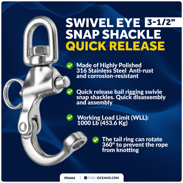 3-1/2" Pin Release Snap Shackle with Swivel Eye, AISI316 Stainless Steel - FO444 - Five Oceans