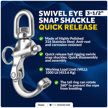 3-1/2" Pin Release Snap Shackle with Swivel Eye, AISI316 Stainless Steel - FO444 - Five Oceans