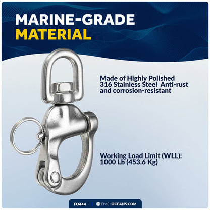 3-1/2" Pin Release Snap Shackle with Swivel Eye, AISI316 Stainless Steel - FO444 - Five Oceans