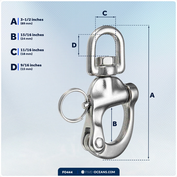 3-1/2" Pin Release Snap Shackle with Swivel Eye, AISI316 Stainless Steel - FO444 - Five Oceans