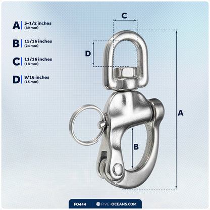 3-1/2" Pin Release Snap Shackle with Swivel Eye, AISI316 Stainless Steel - FO444 - Five Oceans