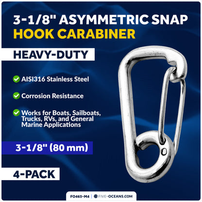 3-1/8" Asymmetric Snap Hook Carabiner, AISI316 Stainless Steel, 4-Pack - FO465-M4 - Five Oceans