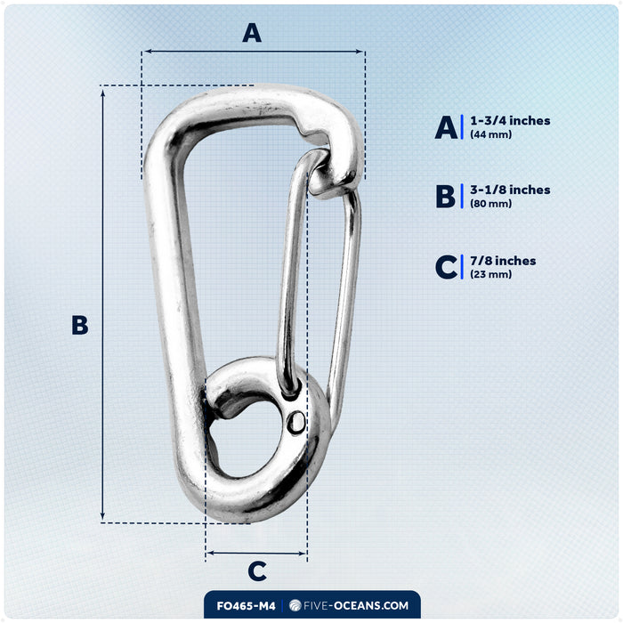 3-1/8" Asymmetric Snap Hook Carabiner, AISI316 Stainless Steel, 4-Pack - FO465-M4 - Five Oceans