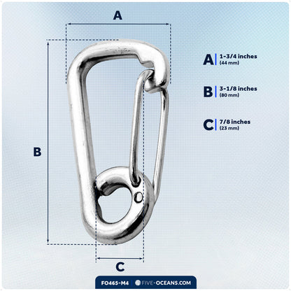 3-1/8" Asymmetric Snap Hook Carabiner, AISI316 Stainless Steel, 4-Pack - FO465-M4 - Five Oceans