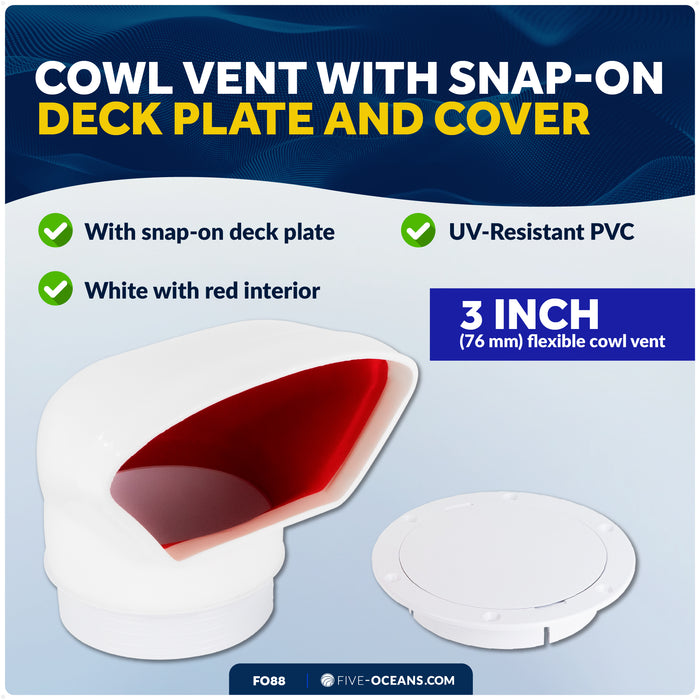 3" Cowl Vent with Snap-On Deck Plate & Cover - FO88 - Five Oceans