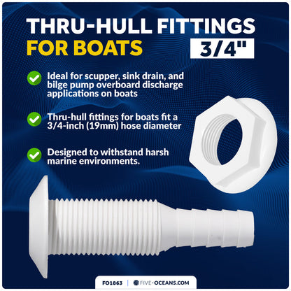 3/4" Thru-Hull Fitting, White Nylon – FO1863 - Five Oceans