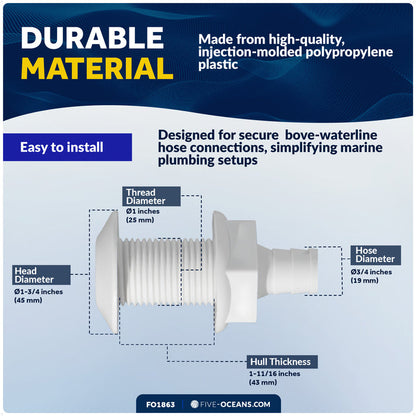 3/4" Thru-Hull Fitting, White Nylon – FO1863 - Five Oceans