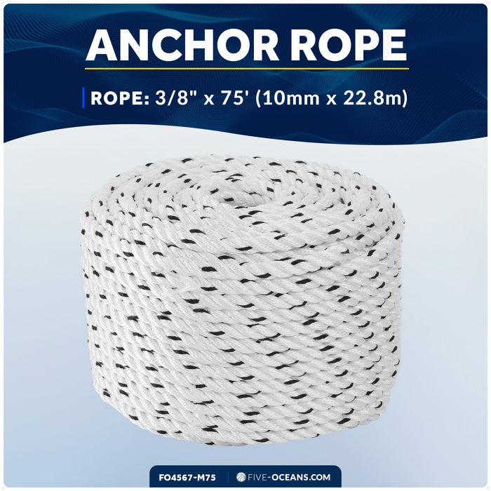 3/8" x 75' Premium 3-Strand Nylon Line, White with Black Tracer - FO4567-M75 - Five Oceans