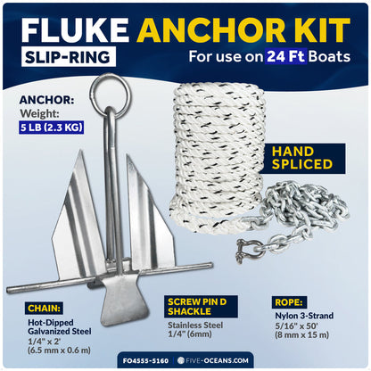 5 lb Slip Ring Fluke Anchor Kit with Hand-Spliced Rope & Chain