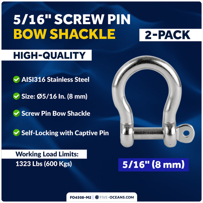 5/16" Captive Screw Pin Bow Anchor Shackle, AISI316 Stainless Steel, 2-Pack