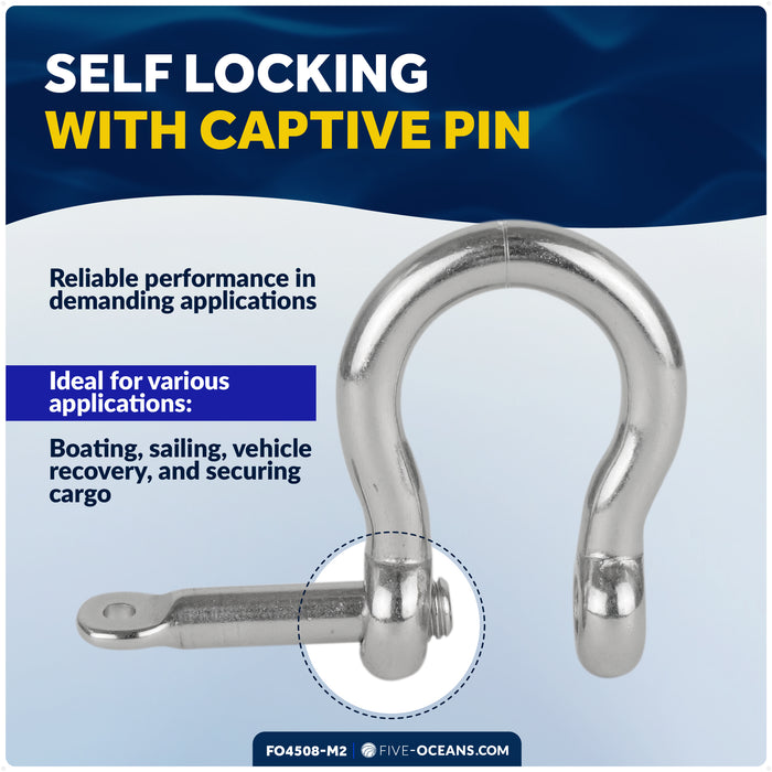 5/16" Captive Screw Pin Bow Anchor Shackle, AISI316 Stainless Steel, 2-Pack