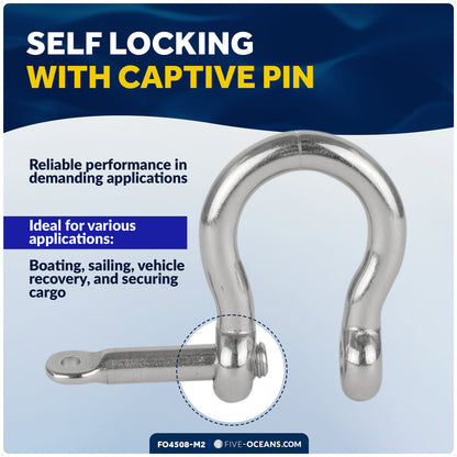 5/16" Captive Screw Pin Bow Anchor Shackle, AISI316 Stainless Steel, 2-Pack