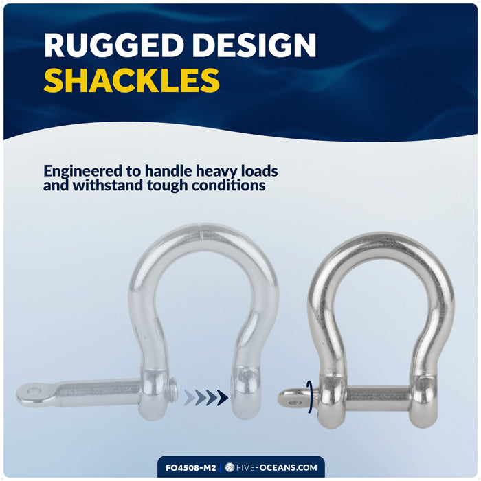 5/16" Captive Screw Pin Bow Anchor Shackle, AISI316 Stainless Steel, 2-Pack