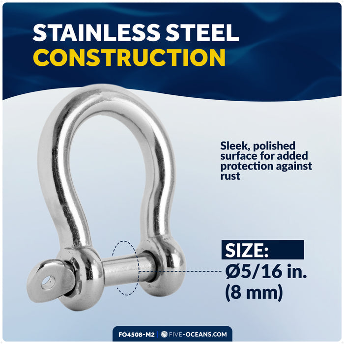 5/16" Captive Screw Pin Bow Anchor Shackle, AISI316 Stainless Steel, 2-Pack