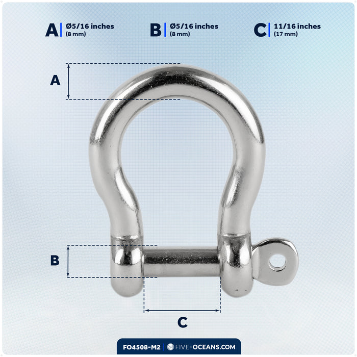 5/16" Captive Screw Pin Bow Anchor Shackle, AISI316 Stainless Steel, 2-Pack