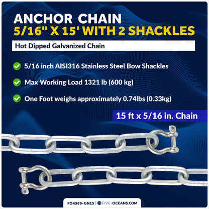 Anchor Chain 5/16" x 15' with Shackles - Galvanized Steel - FO4569-GN15 - Five Oceans