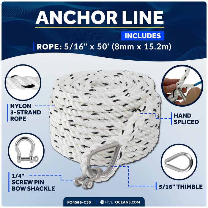 5/16" x 50' Premium 3-Strand Nylon Anchor Line - FO4566-C50 - Five Oceans