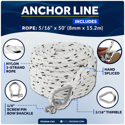 5/16" x 50' Premium 3-Strand Nylon Anchor Line - FO4566-C50 - Five Oceans