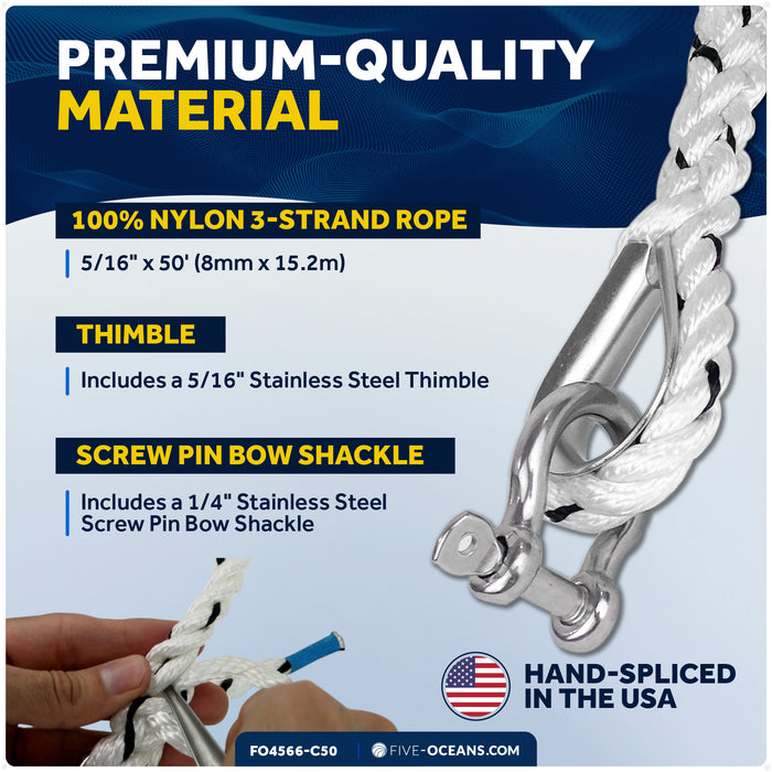 5/16" x 50' Premium 3-Strand Nylon Anchor Line - FO4566-C50 - Five Oceans