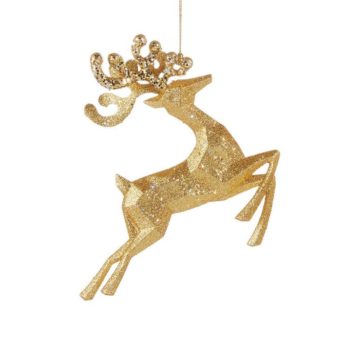 5.5-inch gold jumping deer Christmas ornament with a shimmering, glittery finish and detailed geometric design.