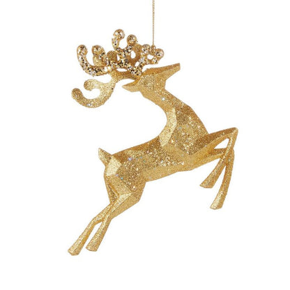 5.5-inch gold jumping deer Christmas ornament with a shimmering, glittery finish and detailed geometric design.