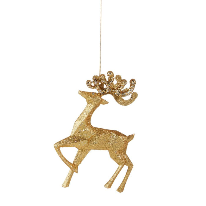 5.5-inch gold glitter jumping deer Christmas ornament with a shimmering finish and elegant, detailed design.