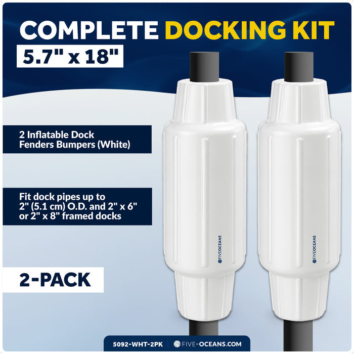 5.7" x 18" Inflatable Dock Post Bumpers, Fits 2" O.D. Pipes, Marine-Grade PVC - White, 2-Pack