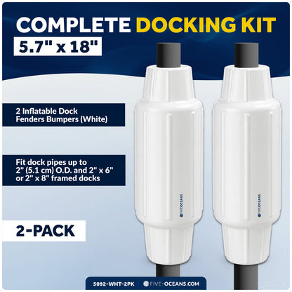 5.7" x 18" Inflatable Dock Post Bumpers, Fits 2" O.D. Pipes, Marine-Grade PVC - White, 2-Pack