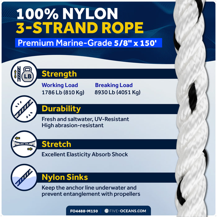 5/8" x 150' Premium 3-Strand Nylon Rope Line, White with Black Tracer - FO4488-M150 - Five Oceans