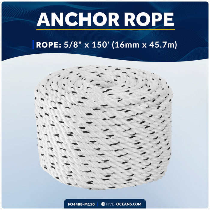 5/8" x 150' Premium 3-Strand Nylon Rope Line, White with Black Tracer - FO4488-M150 - Five Oceans