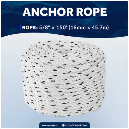 5/8" x 150' Premium 3-Strand Nylon Rope Line, White with Black Tracer - FO4488-M150 - Five Oceans
