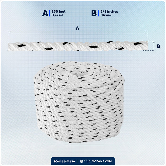 5/8" x 150' Premium 3-Strand Nylon Rope Line, White with Black Tracer - FO4488-M150 - Five Oceans
