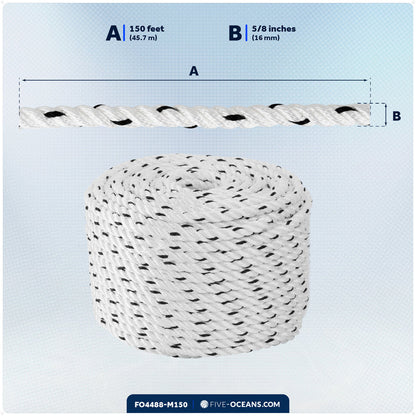 5/8" x 150' Premium 3-Strand Nylon Rope Line, White with Black Tracer - FO4488-M150 - Five Oceans