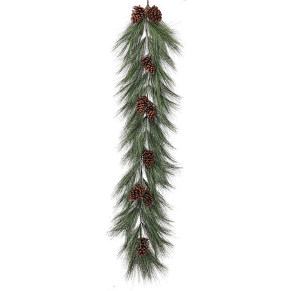 60-inch horsetail pine garland featuring realistic green needles and natural brown pine cones for holiday decor.