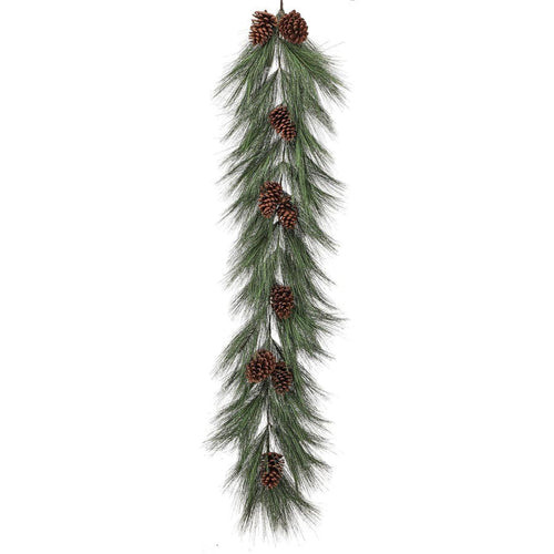 60-inch horsetail pine garland featuring realistic green needles and natural brown pine cones for holiday decor.