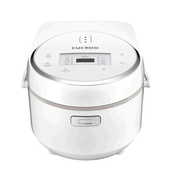 Compact white Cuckoo rice cooker, front view, featuring a digital control panel, top display, and central lid release button. (CR-0810F)