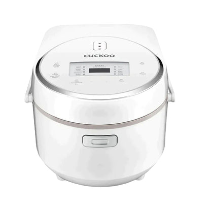 Compact white Cuckoo rice cooker, front view, featuring a digital control panel, top display, and central lid release button. (CR-0810F)