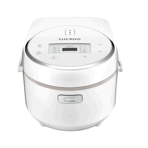 Compact white Cuckoo rice cooker, front view, featuring a digital control panel, top display, and central lid release button. (CR-0810F)