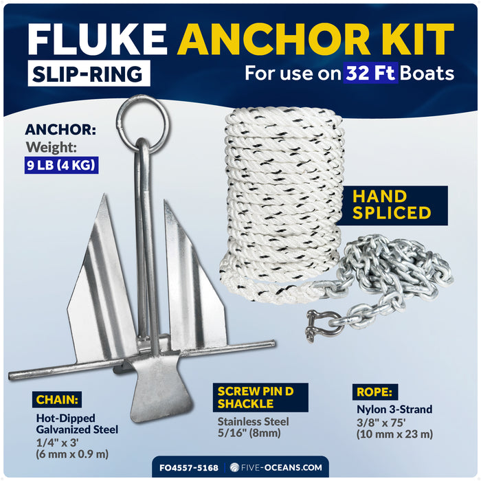 9 lb Slip-Ring Fluke Anchor Kit with Hand-Spliced Rope & Chain
