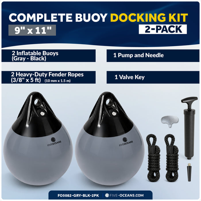 9" x 11" Inflatable Boat Buoy, Marine-Grade PVC - Gray/Black, 2-Pack