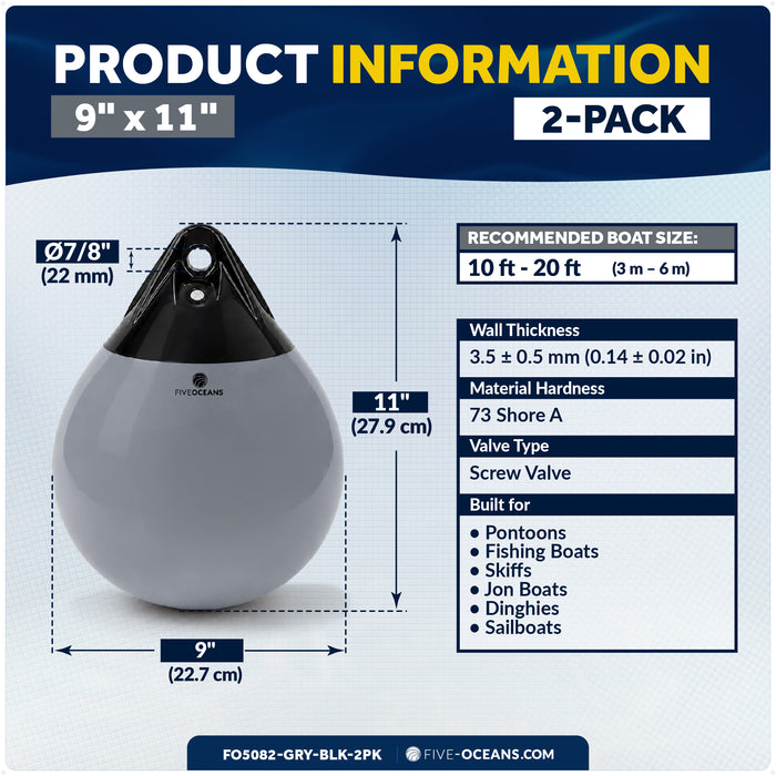 9" x 11" Inflatable Boat Buoy, Marine-Grade PVC - Gray/Black, 2-Pack