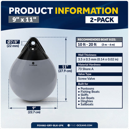 9" x 11" Inflatable Boat Buoy, Marine-Grade PVC - Gray/Black, 2-Pack
