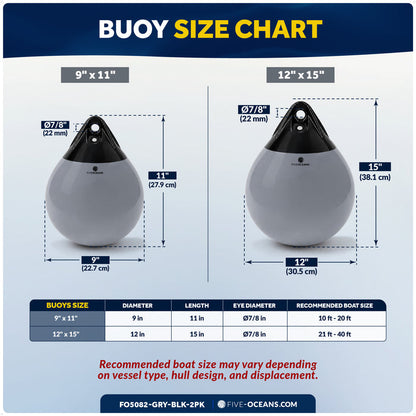 9" x 11" Inflatable Boat Buoy, Marine-Grade PVC - Gray/Black, 2-Pack