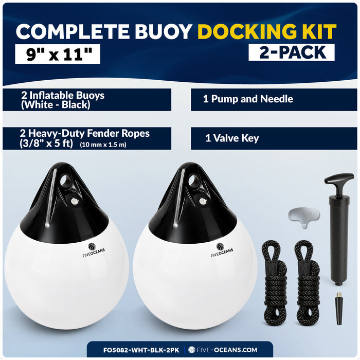 9" x 11" Inflatable Boat Buoy, Marine-Grade PVC - White/Black, 2-Pack
