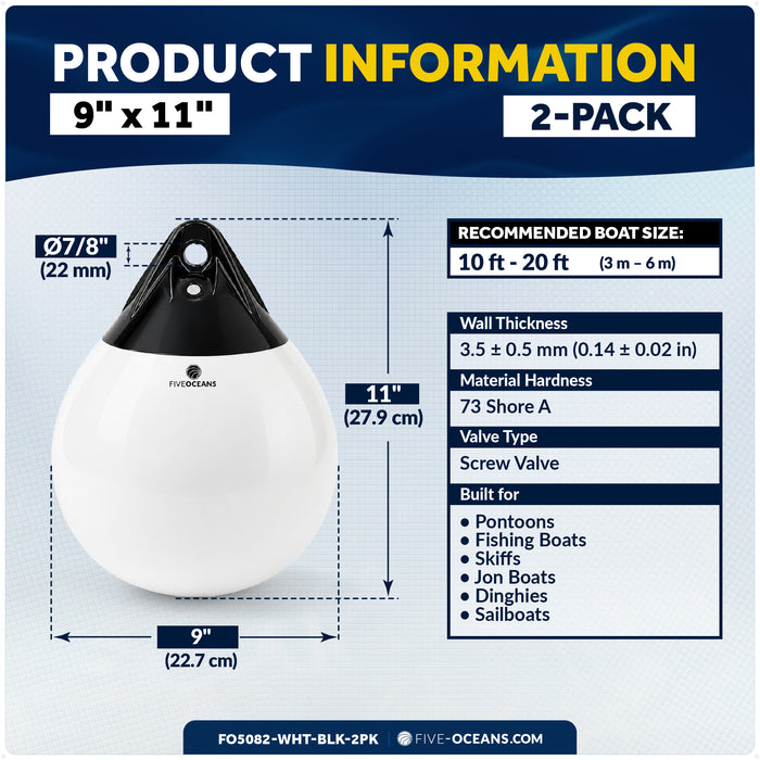 9" x 11" Inflatable Boat Buoy, Marine-Grade PVC - White/Black, 2-Pack