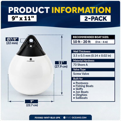 9" x 11" Inflatable Boat Buoy, Marine-Grade PVC - White/Black, 2-Pack