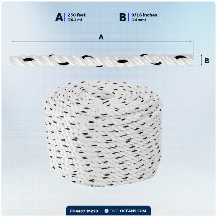 9/16" x 250' Premium 3-Strand Nylon Rope Line, White with Black Tracer - FO4487-M250 - Five Oceans